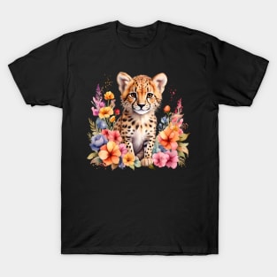 A baby cheetah decorated with beautiful watercolor flowers T-Shirt